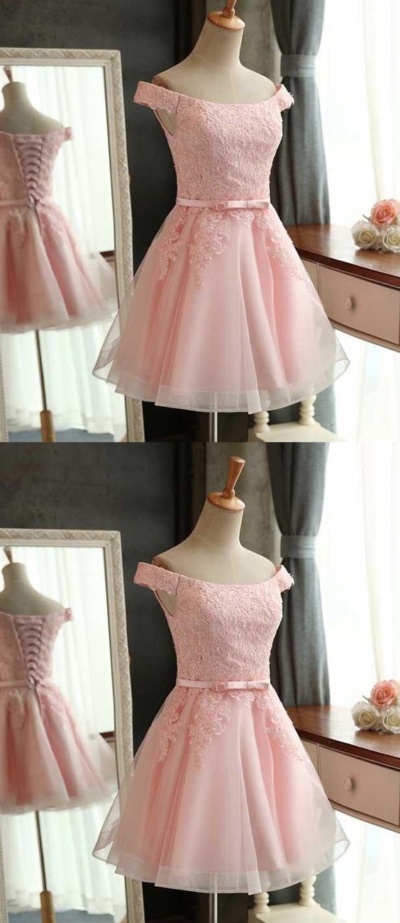 Cute Pink Tulle Short Homecoming Dress Custom Made Lace Appliqued Prom Party Gowns , Mini Graduation Gowns