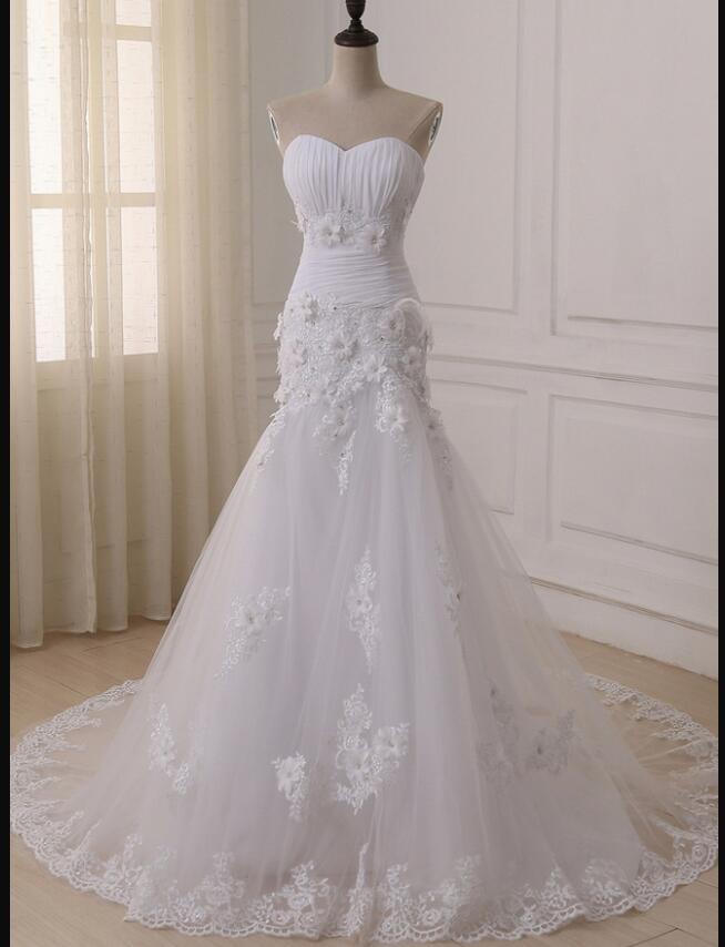 Off Shoulder White Tulle Mermaid Wedding Dresses Custom Made Women Wedding Gows , Appliqued Bridal Gowns