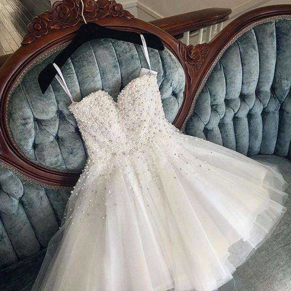 Spaghetti Strap Beaded Tulle Short Homecoming Dress A Line Women Prom Gowns ,short Cocktail Gowns 2020