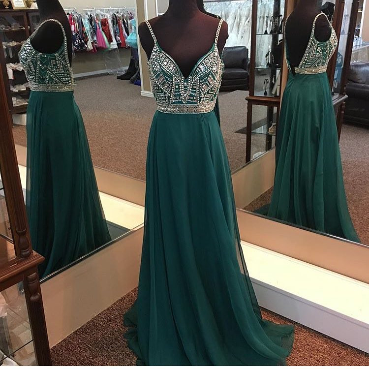 Sexy Backless Greeen Chiffon Beaded A Line Prom Dress Custom Made Women Party Gowns ,plus Size Women Gowns 2020