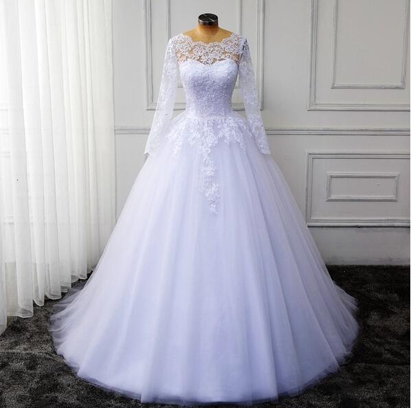 Plus Size White Long Sleeve Muslim Wedding Dresses Custom Made A Line Bridal Gowns , Bridal Gows