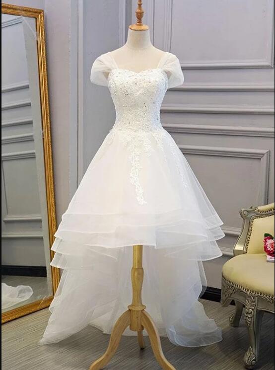 Beautiful Cap Sleeves High Low Layers Tulle Wedding Dress, Simple Prom Dress