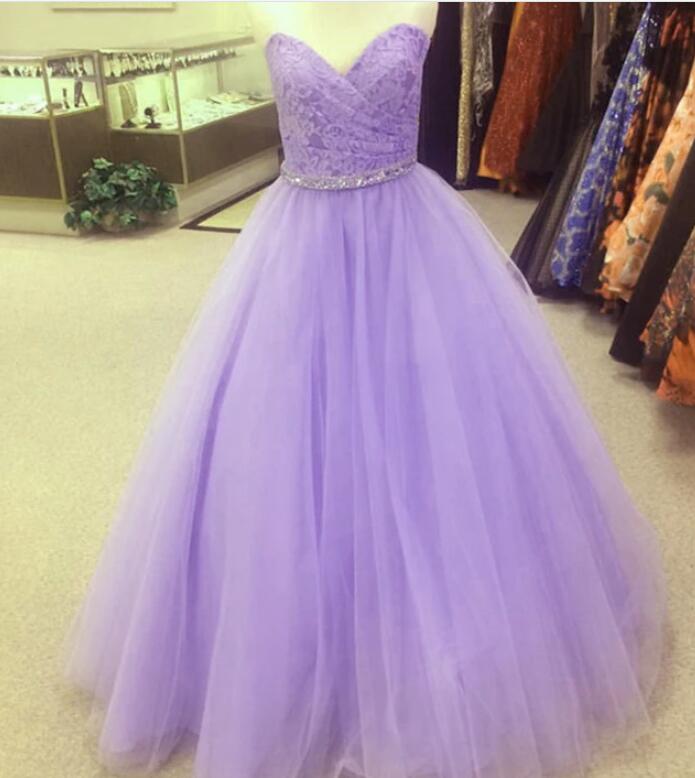 Sexy Lavender Tulle A Line Lace Beaded Long Prom Dress 2020 Women Party Gowns , Sexy Ball Gown Quinceanera Dress