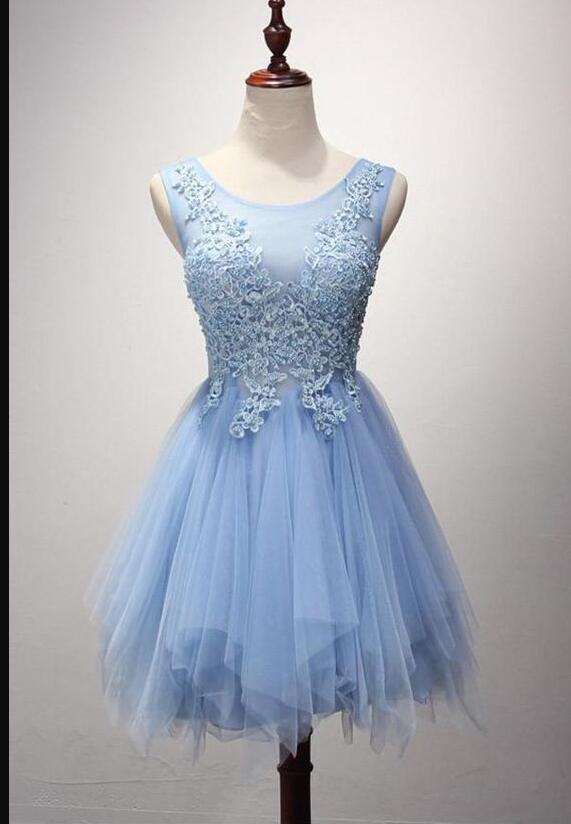 Custom Made Light Blue Lace Homecoming Dress Above Length Lace Prom Gowns A Line Girls Party Gowns 2020