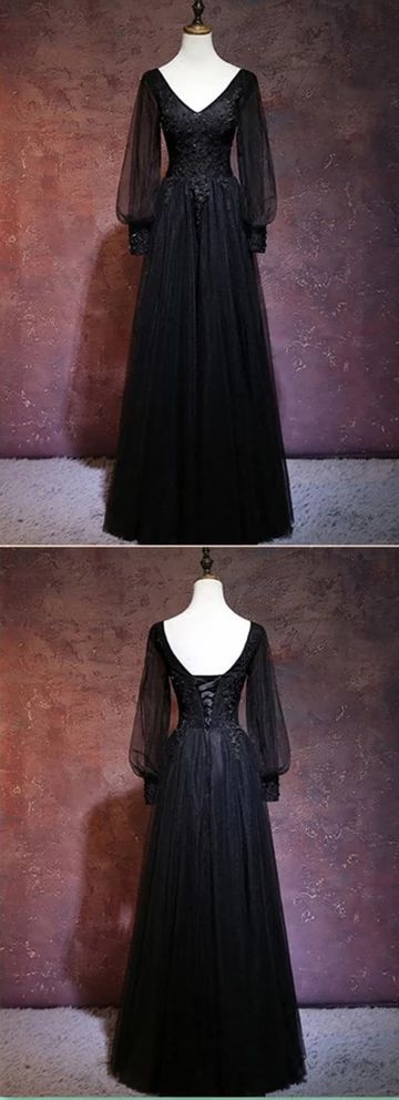 Black Tulle A Line Long Sleeve Evening Dress Custom Made Women Party Gowns ,plus Size Wedding Guest Gowns