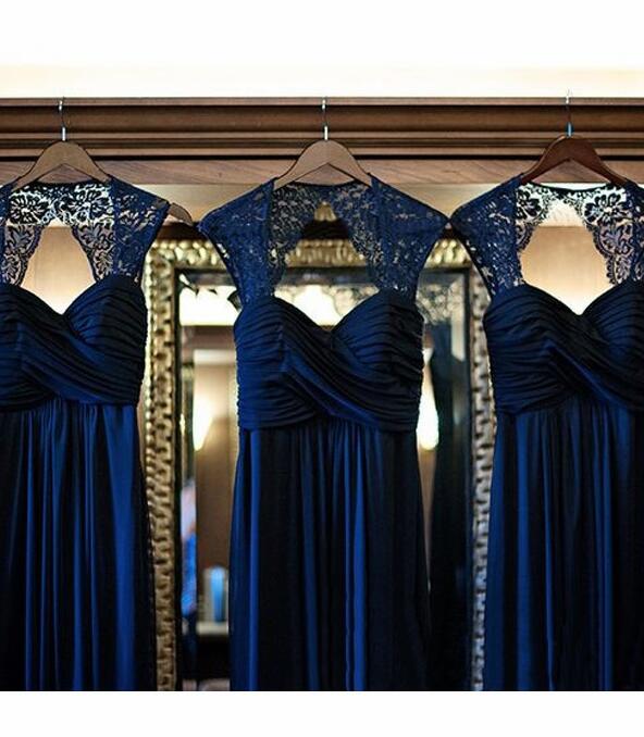 Fashion Dark Blue Lace Evening Dresses A Line Long Prom Party Gowns ,plus Size Bridesmaid Dress ,simple Bridesmaids Gowns