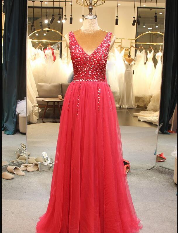Luxury Beaded Crystal Tulle A Line Long Prom Dress V-neck Women Prom Party Gowns ,wedding Guest Gowns