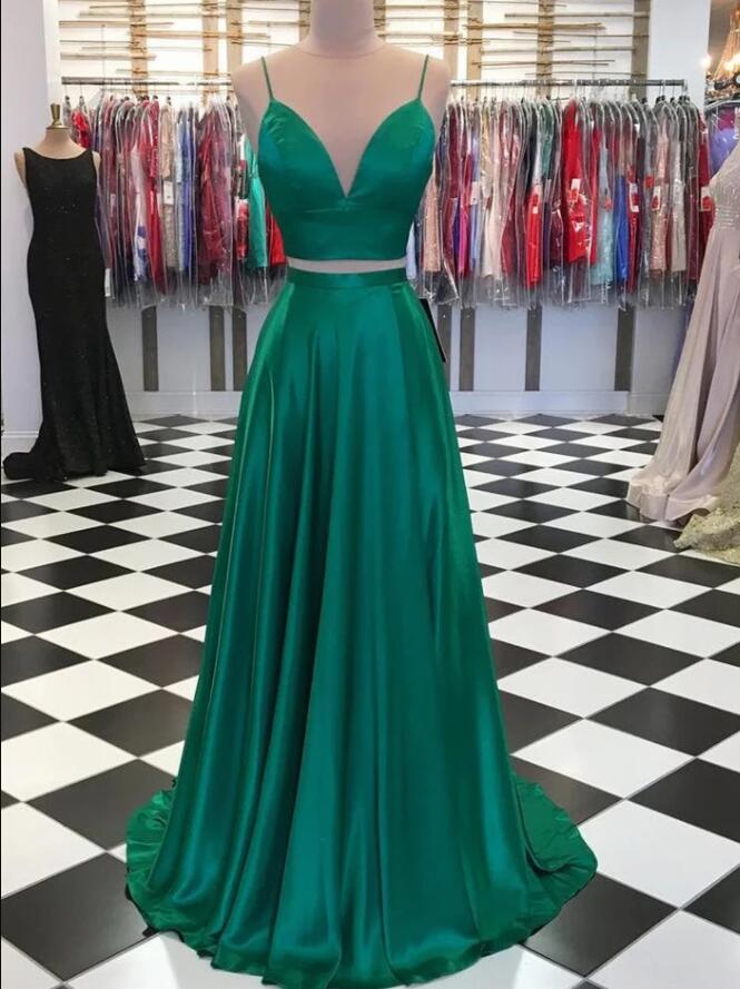 Green Satin Two Pieces Prom Dress A Line Girls Pageant Gowns ,2 Pieces Homecoming Dress, Prom Gowns