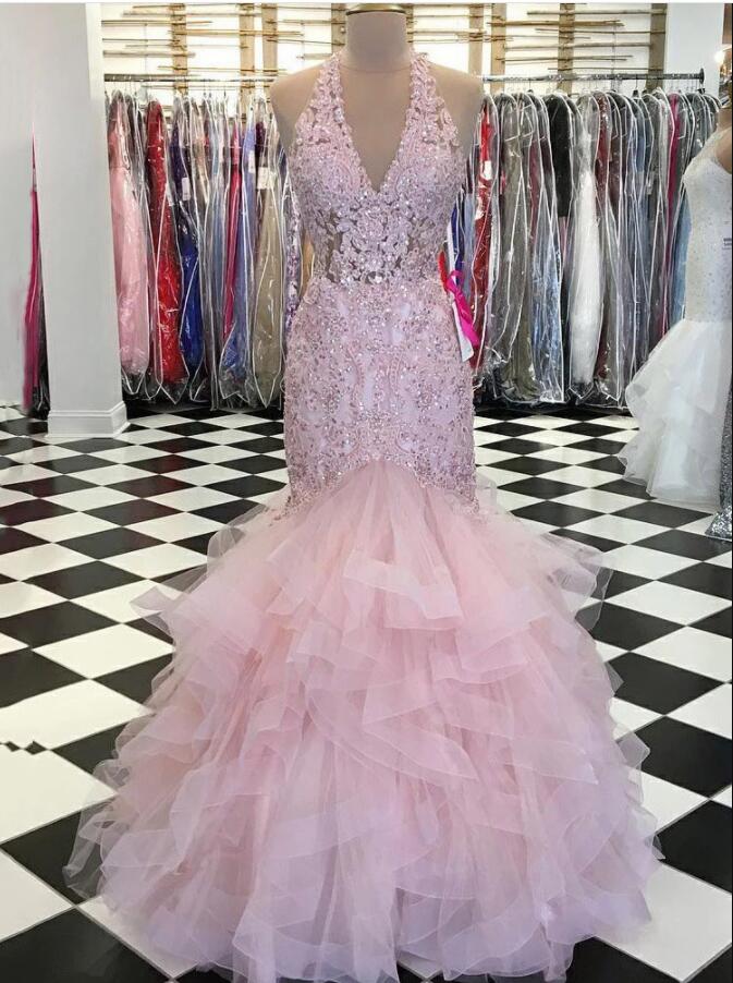 Luxury Ligh Pink Lace Aplliqued Formal Evening Dresses Custom Made Women Prom Gowns Halter Neck Prom Gowns 2020