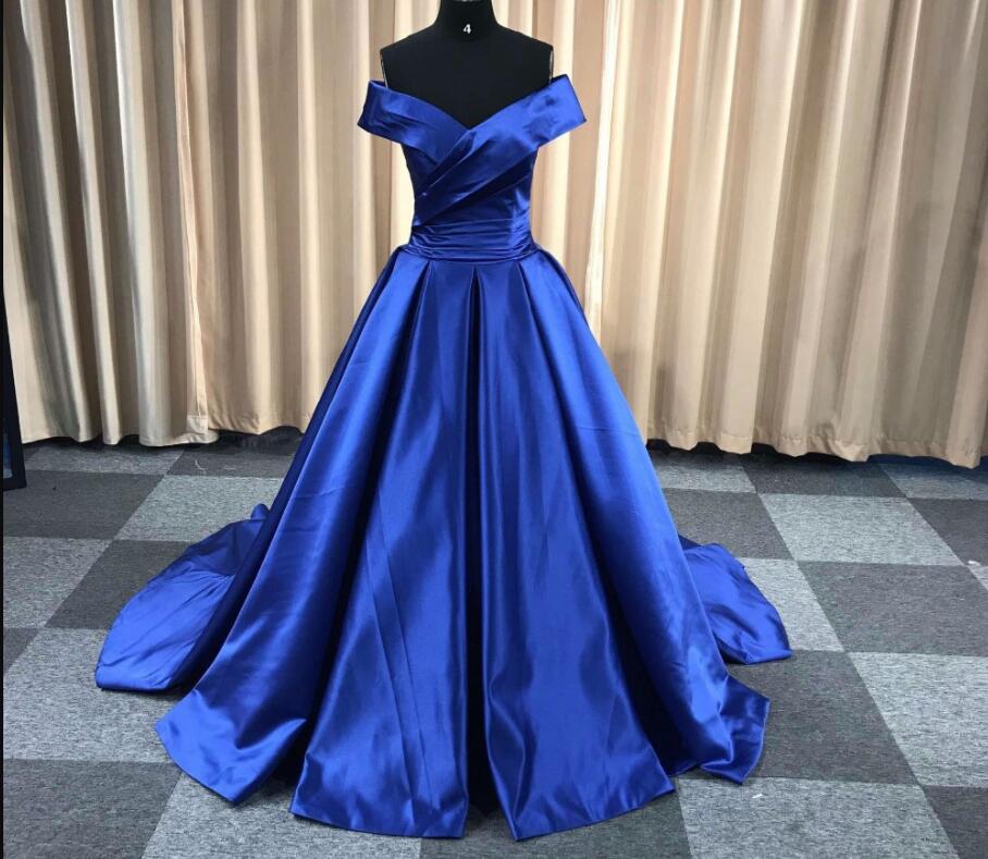 Sexy Custom Made Royal Blue Satin Ruffle A Line Long Prom Dress Sweet 15 Prom Party Gowns ,quinceanera Party Gowns