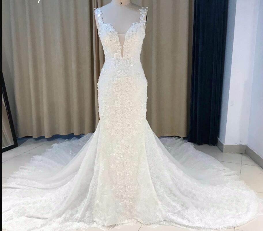 Fashion Spaghetti Strap White Lace Mermaid Wedding Dresses Custom Made Women Bridal Gowns ,wedding Gowns 2020