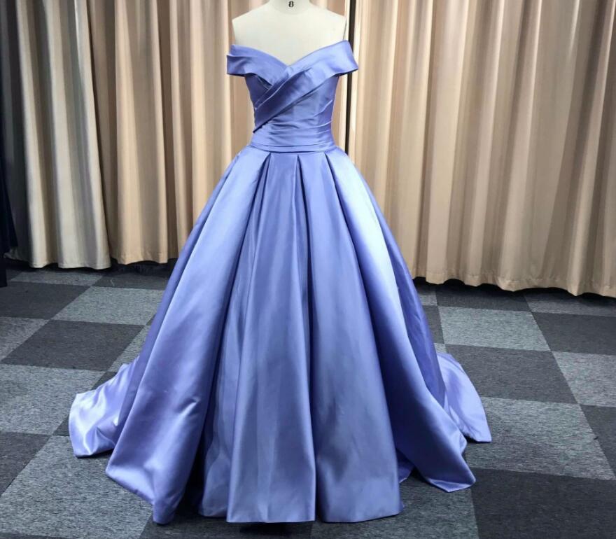 blue satin off the shoulder dress