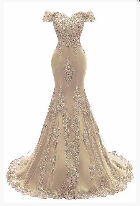 Off Shoulder Gold Tulle Lace Prom Dresses Mermaid Sweep Train Women Gowns ,custom Made Formal Evening Dresses