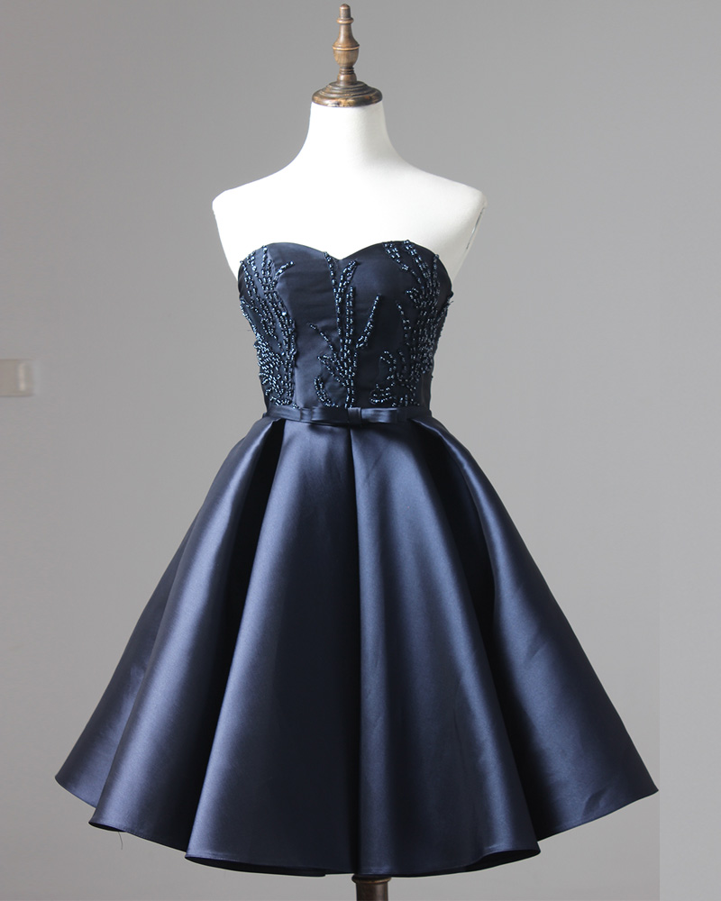 Fashion Navy Blue Satin Beaded Short Homecoming Dress Mini Girls Party Gowns , Custom Made Short Cocktail Gowns 2020