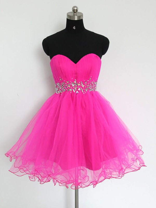 Off Shoulder Fuchsia Tulle Short Homecoming Dress , Sweet 16 Prom Party Gowns , Cute Beaded Cocktail Party Gowns