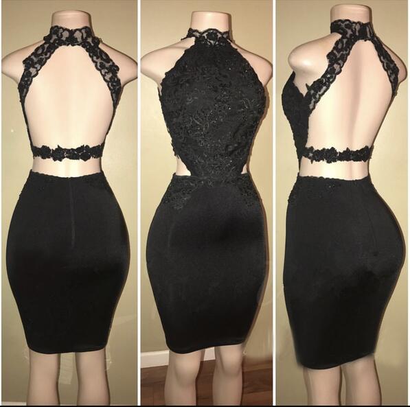 Sexy High Neck Black Lace Short Homecoming Dress Sheath Backless Sexy Short Prom Party Gowns ,short Cocktail Party Gowns 2020