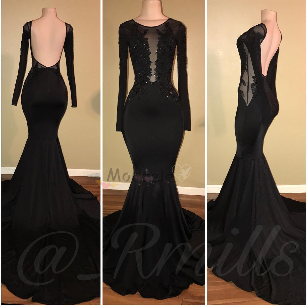 2020 Unique Black Long Sleeves Mermaid Backless Prom Dresses