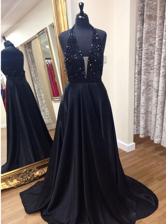 Sexy Halter Beaded Black Satin Long Prom Dresses Custom Made Women Party Gowns ,formal Evening Dress 2020 Backless Prom Gowns