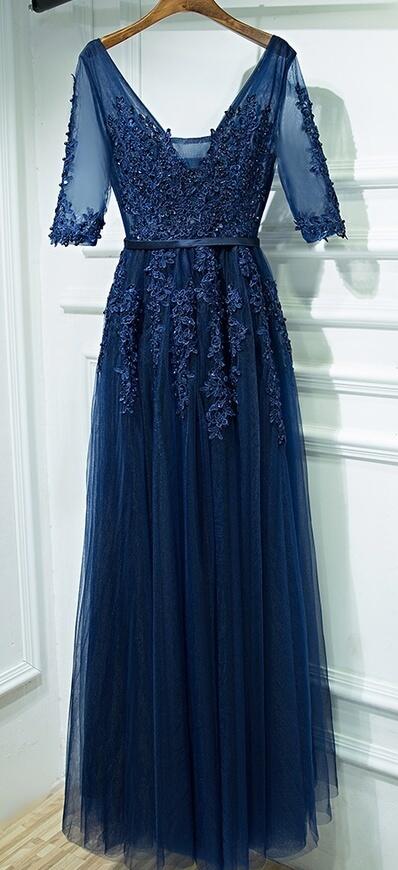 Dark Blue Lace Beaded Long Prom Dresses A Line Wedding Guest Gowns Custom Made Party Gowns 2020