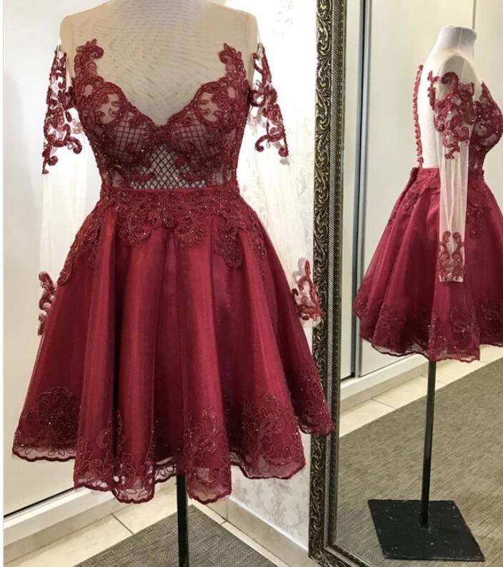 Burgundy Lace Long Sleeve Lace Short Homecoming Dress Sheer Neck Party Gowns , Short Party Gowns 2020