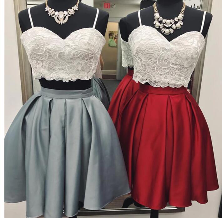 Two Pieces Lace Short Homecoming Dress A Line Cocktail Party Gowns , Short Cocktail Gowns 2020