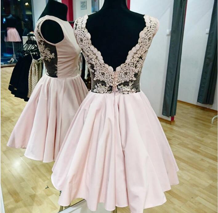 Light Pink Satin Short Homecoming Dress Strapless Back V Mini Party Gowns , Short Cocktail Gowns , Party Gowns 2020
