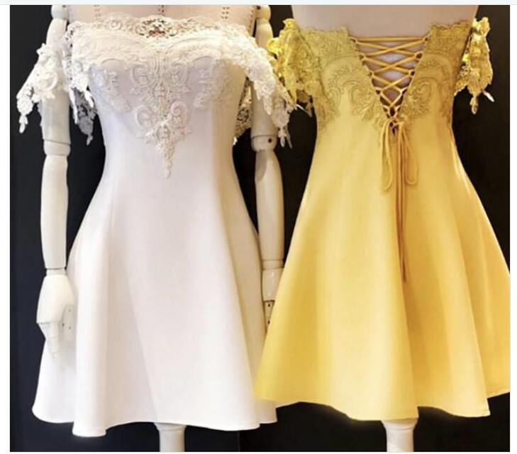 Off Shoulder White Lace Short Prom Dresses A Line Cocktail Party Gowns , Wedding Party Gowns ,short Cocktail Dress