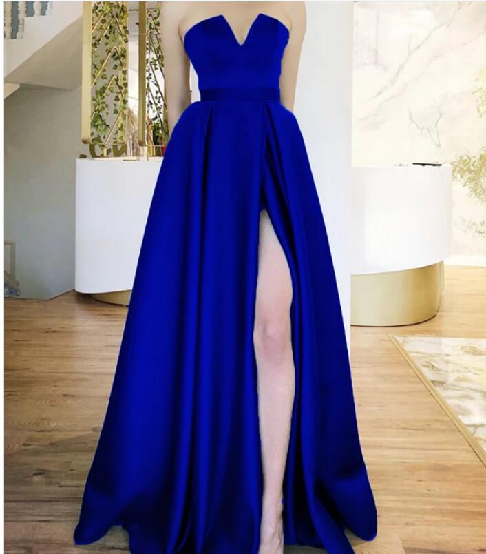 Royal Blue Satin Side Slit Long Prom Dress Floor Length Prom Party Gowns , Women Gowns , Wedding Party Gowns