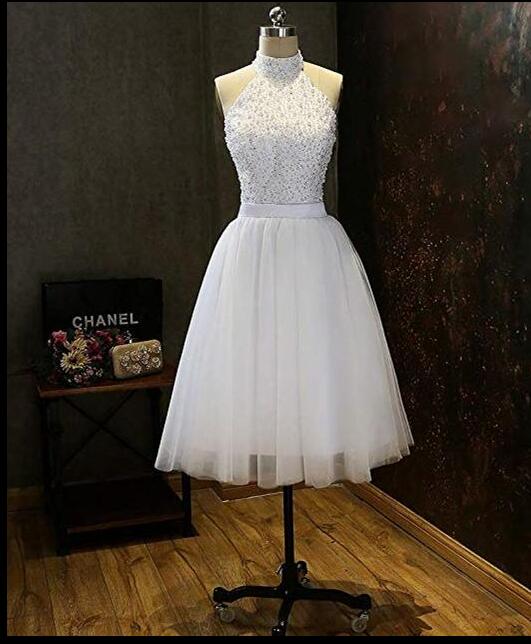 White Tulle Beaded Short Homecoming Dresses A Line Wedding Guest Gowns ,custom Made Party Gowns