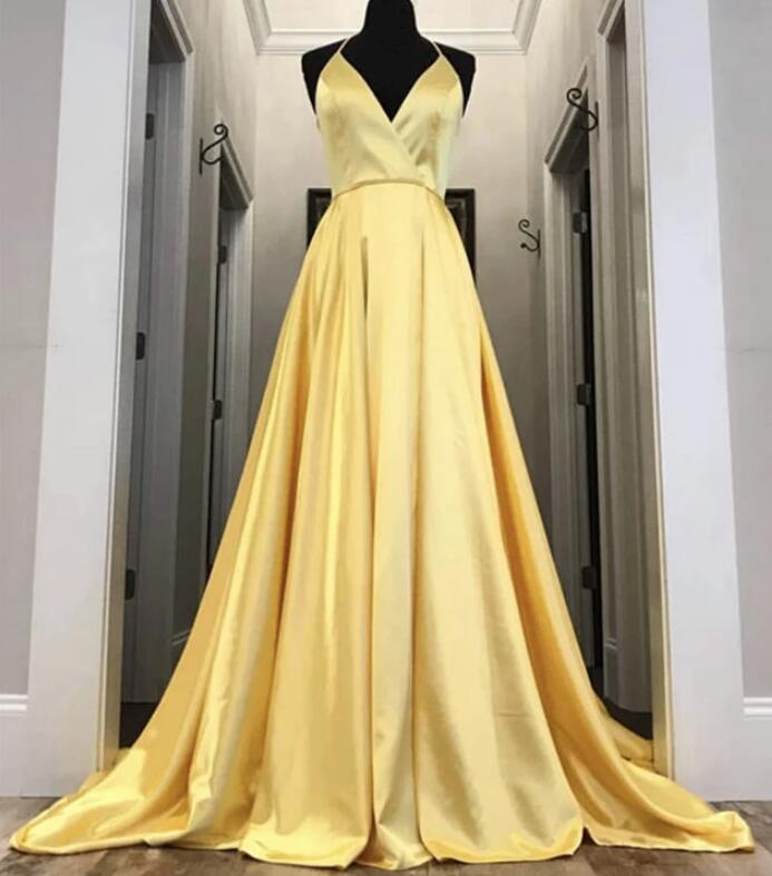 Plus Size Yellow Satin A Line Prom Party Dresses Custom Made Wedding Guest Gowns , Party Gowns