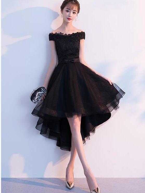 Black Lace A Line High Low Prom Party Gowns Custom Made Homecoming Gowns , Women Party Gowns