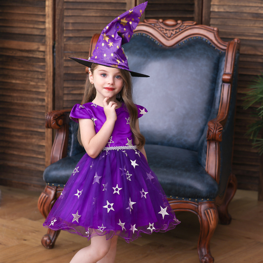 Newly Purple Short Pricess Flower Girls Dresses For Halloween Party ,newly Dress Cosplay Gowns With Hats , First Communion Gowns