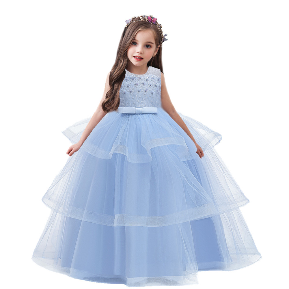 Light Blue Tulle A Line Long Wedding Flower Girls Dresses Girls First Communion Gowns Formal Kids Party Gowns Wedding Guest Gowns