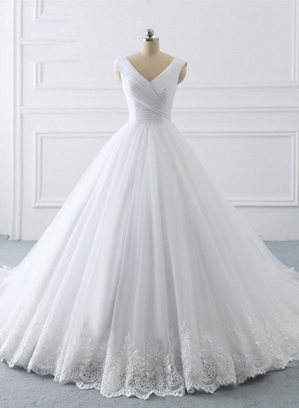 Custom Made V-neck White Tulle Ball Gown Wedding Dress Women Party Gowns ,sexy Bridal Party Gowns