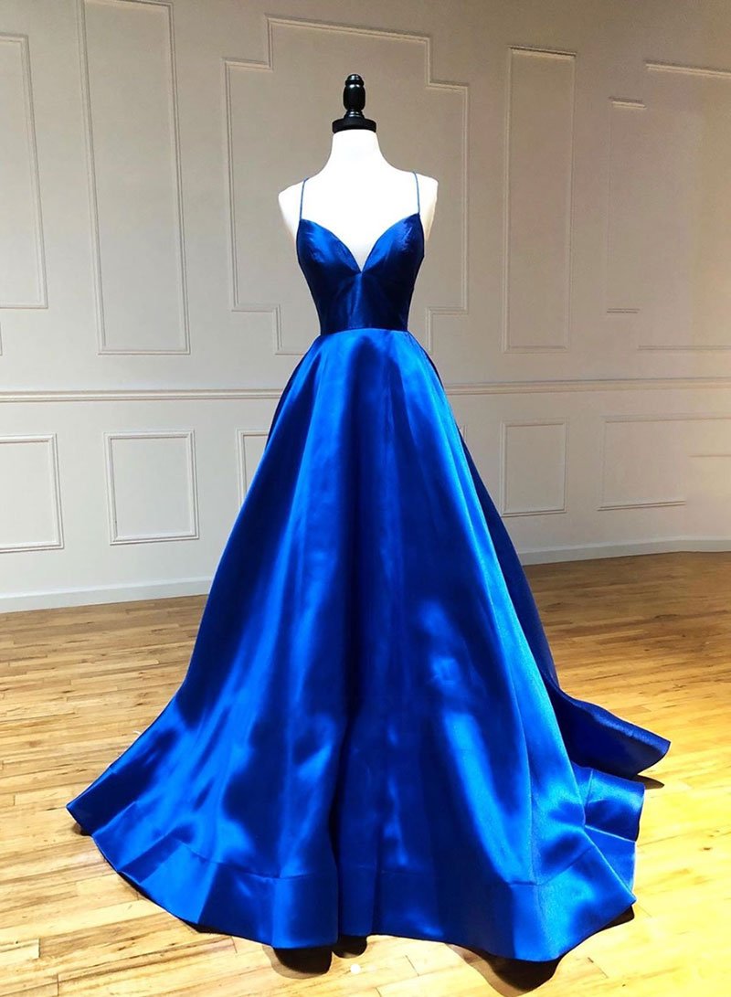 Fashion Blue Satin Backless Prom Dress Strapless Women Prom Party Gowns ,custom Made Evening Dress 2020