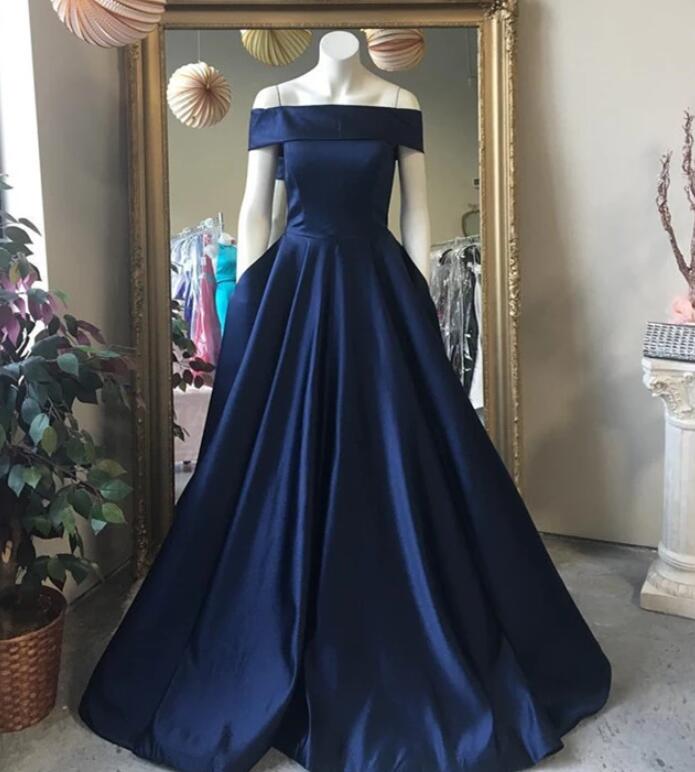 Plus Size Navy Blue Satin A Line Long Prom Dresses 2020 Custom Made Women Party Gowns , Evening Dress 2020