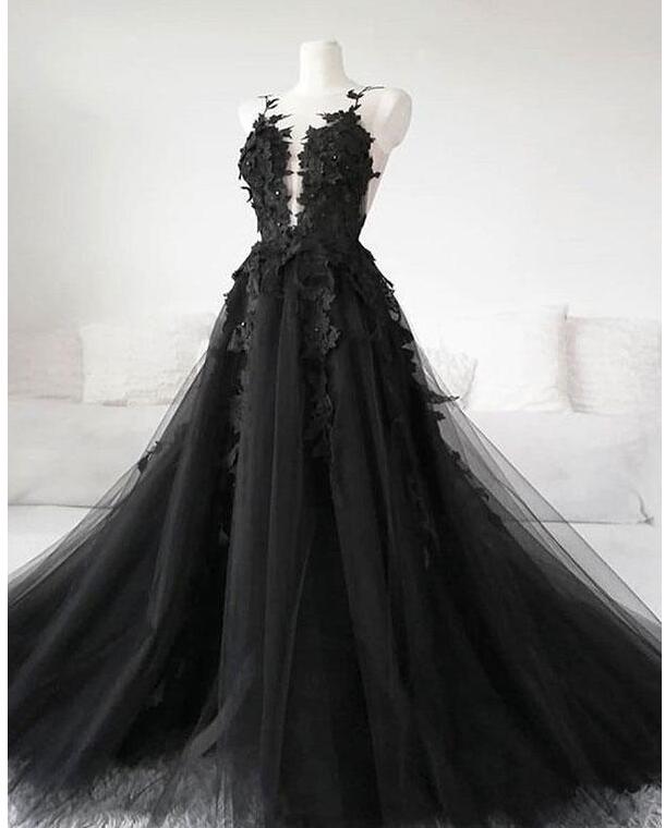 Black Tulle Lace A Line Long Prom Dress ,lace Prom Gowns ,wedding Guest Gowns , Evening Party Gowns