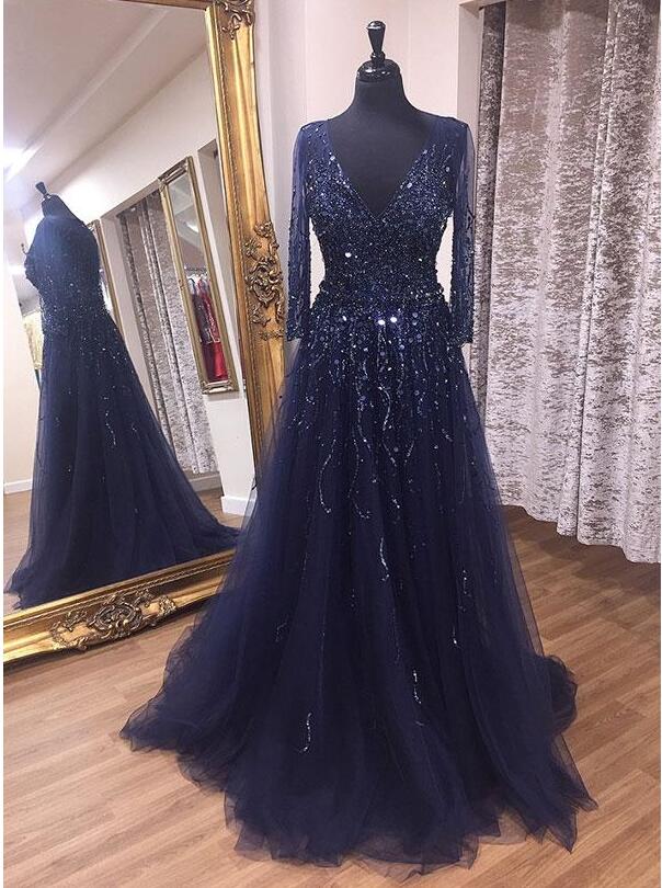Navy Blue Tulle Beaded Long Sleeve Formal Evening Dresses 2020 Custom Made Prom Party Gowns , Party Gowns