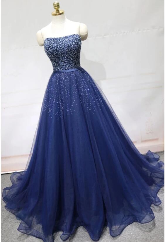 Elegant Navy Blue Beaded A Line Long Prom Dresses Custom Made Women ...