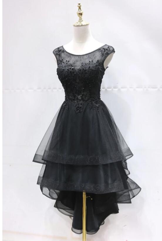 Black Tulle Lace Scoop Neck High Low Homecoming Dress A Line Party ...