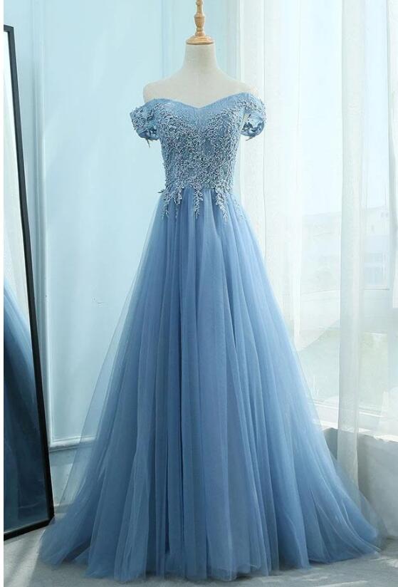 Sexy A Line Blue Tule Lace Long Prom Dresses Custom Made Women Party Gowns , Party Gowns ,2020 Formal Evening Gowns