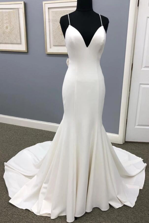 White Satin Mermaid Wedding Dresses Spaghetti Strap Women Bridal Gowns , Bridal Gowns