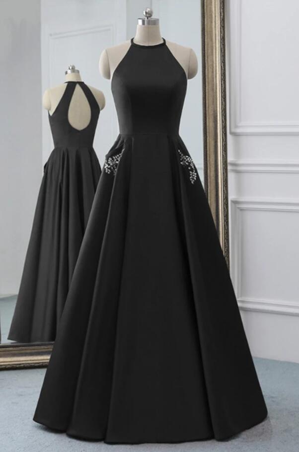 Sexy Backless Black Satin Halter Long Prom Dresses Strapless Prom Party Gowns Custom Made Evening Party Gowns