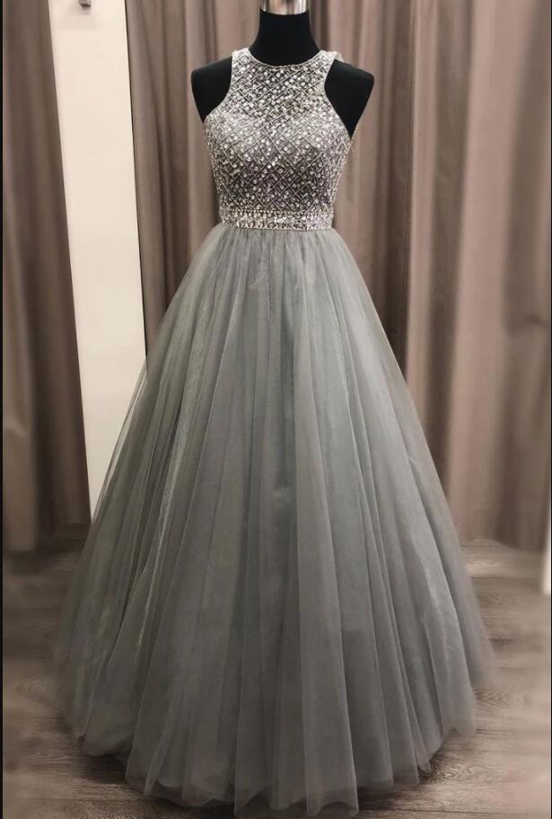 Shiny Beaded A Line Silver Tulle Long Prom Dresses 2020 Wedding Party Gowns Formal Evening Dess, Party Gowns