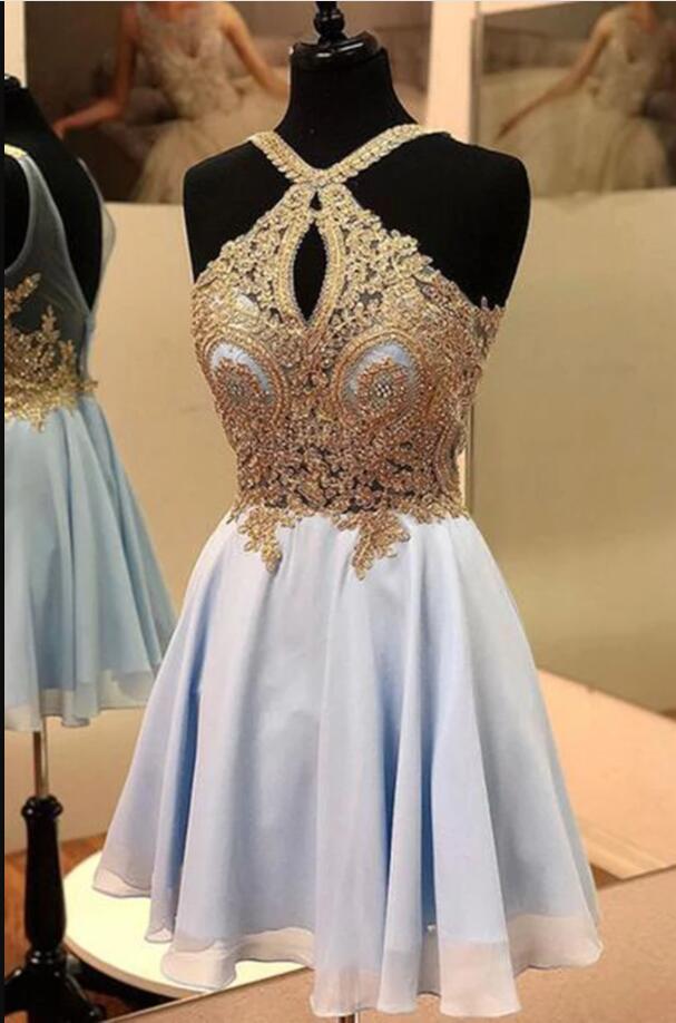 Halter Neck Light Blue Short Homecoming Dress With Gold Lace Appliqued Sweet 16 Prom Party Gowns ,short Party Gowns 2020