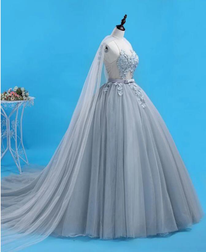 Charming Grey Tulle Appliques Long Prom Dress Formal Dress With Lace Up,DP0160