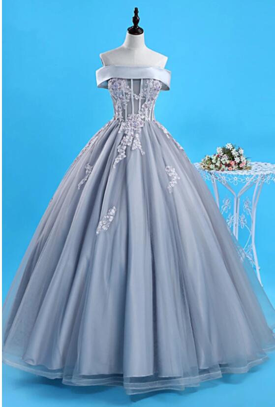 Unique Gray Tulle Lace Up Floor Length Senior Prom Dress, Evening Dress With Applique Quinceanera Party Dresses