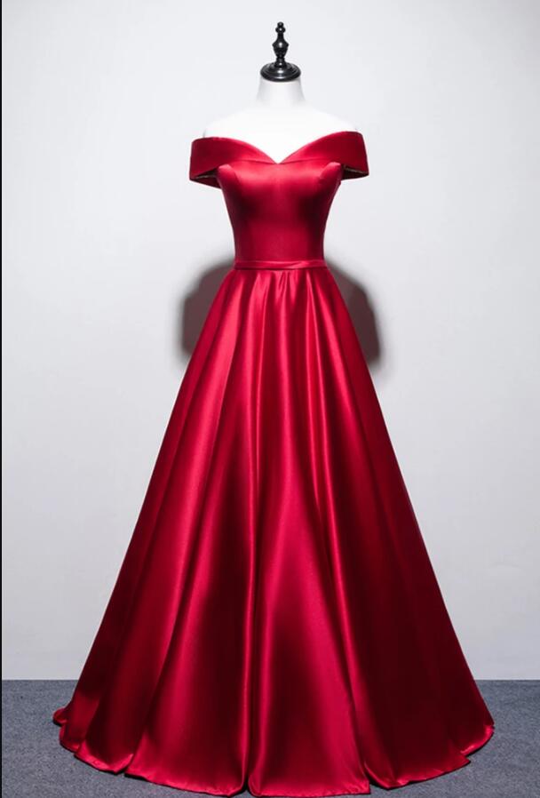 Off Shoulder Red Satin A Line Long Prom Dress Custom Made Simple Prom Party Gowns ,plus Size Evening Party Gowns 2020