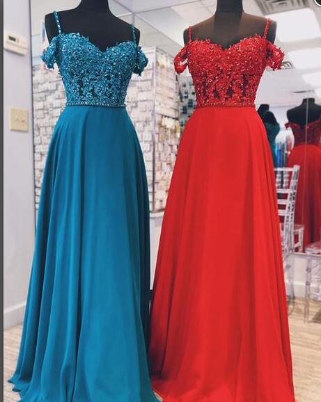 Sexy A Line Red Chiffon Beaded Long Prom Dresses Off Shoulder Women Party Gowns Evening Party Gowns 2020