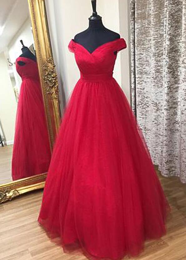 Custom Made Red Tulle Long Prom Dress A Line Prom Party Gowns ,wedding Guest Gowns